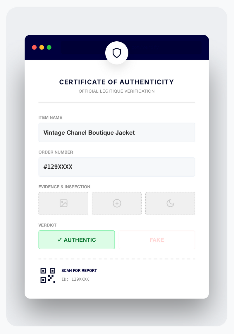 Legitique Authenticity Certificate Example
