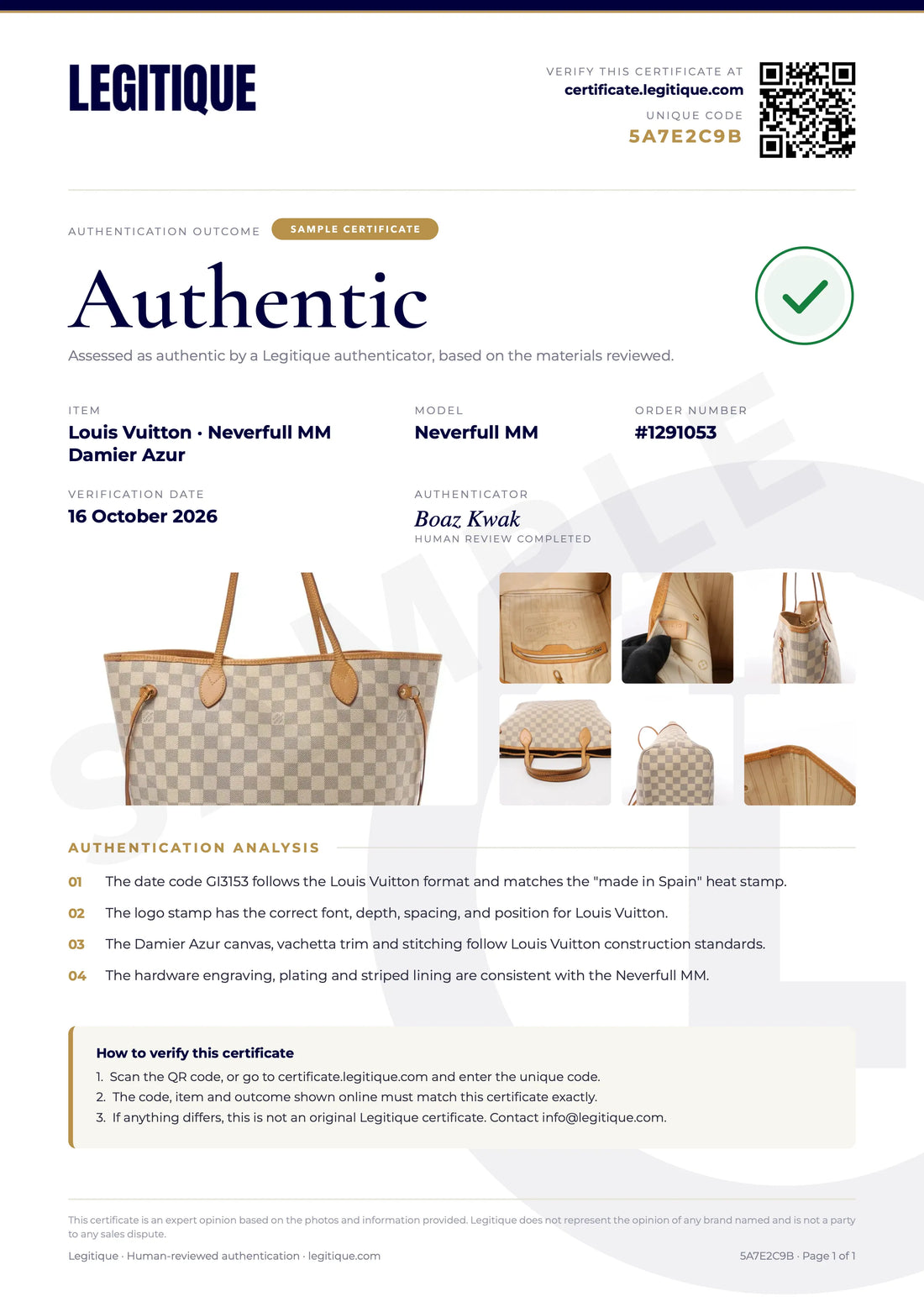 Example Legitique verification report with verdict and authentication analysis